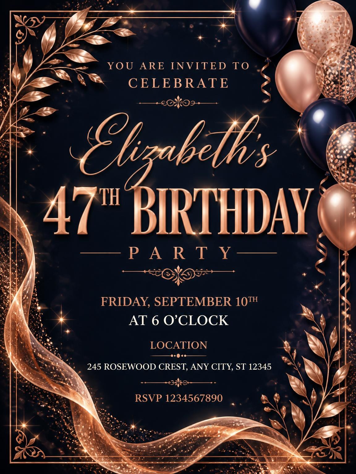 Navy and Rose Gold 47th Birthday Invitation