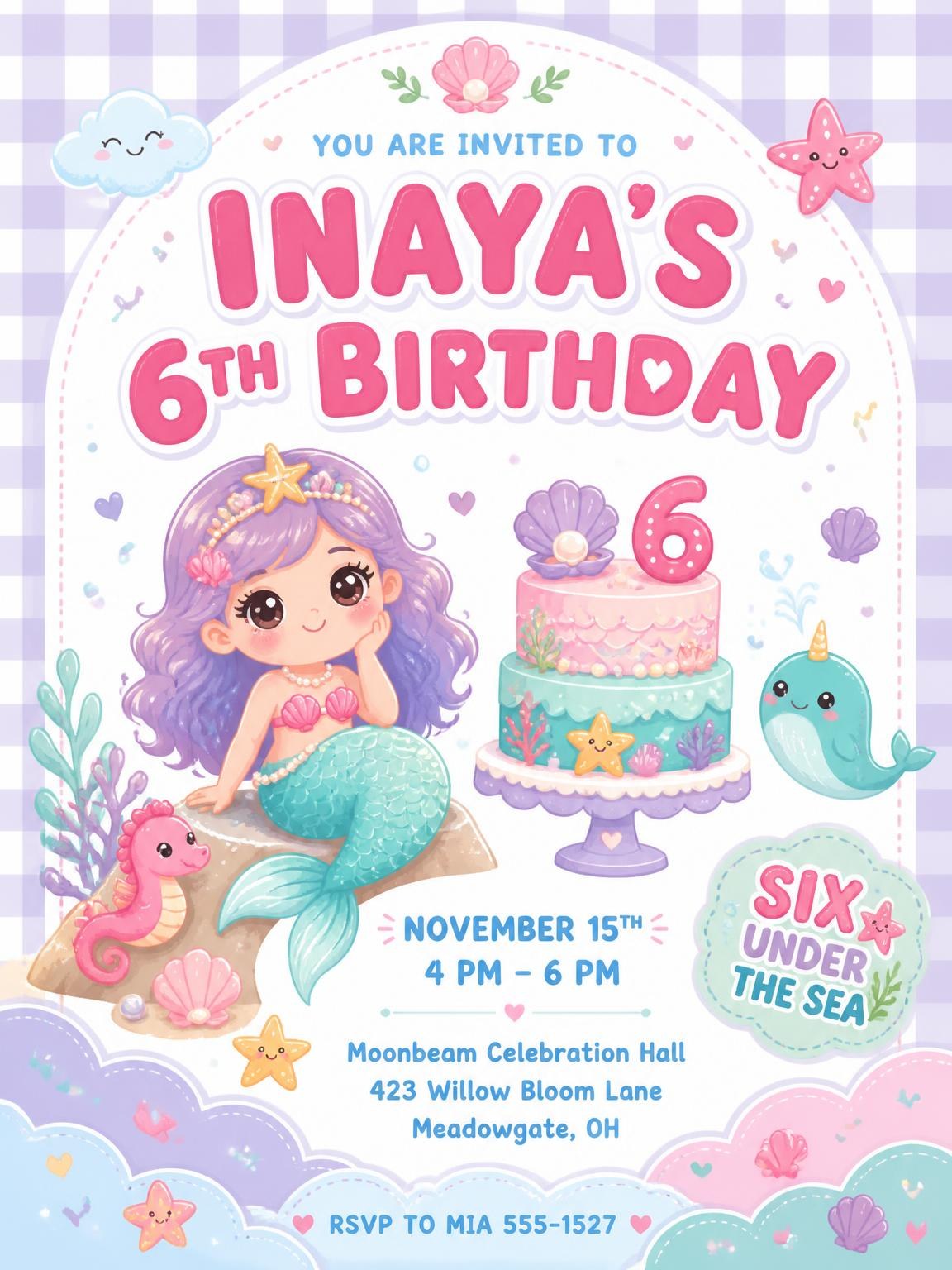 Mermaid Kawaii Pastel 6th Birthday Invitation