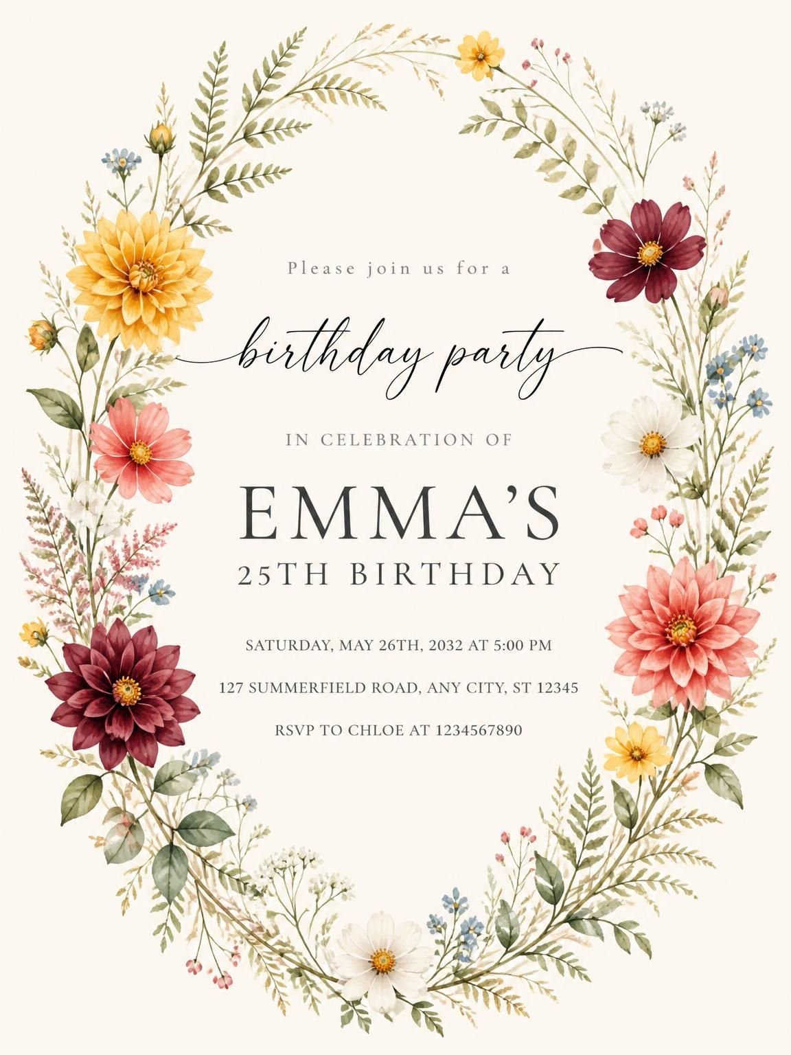 Botanical Wildflower Golden 25th Birthday Invitation