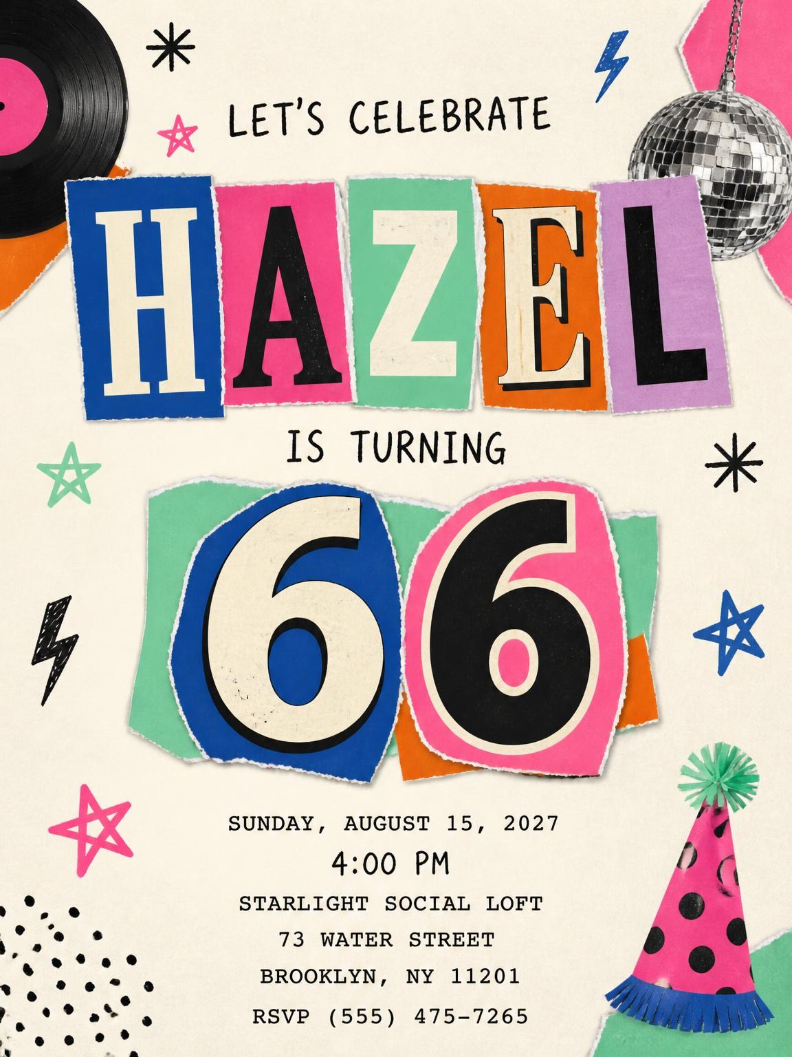 Retro Paper Collage 66th Birthday Invitation