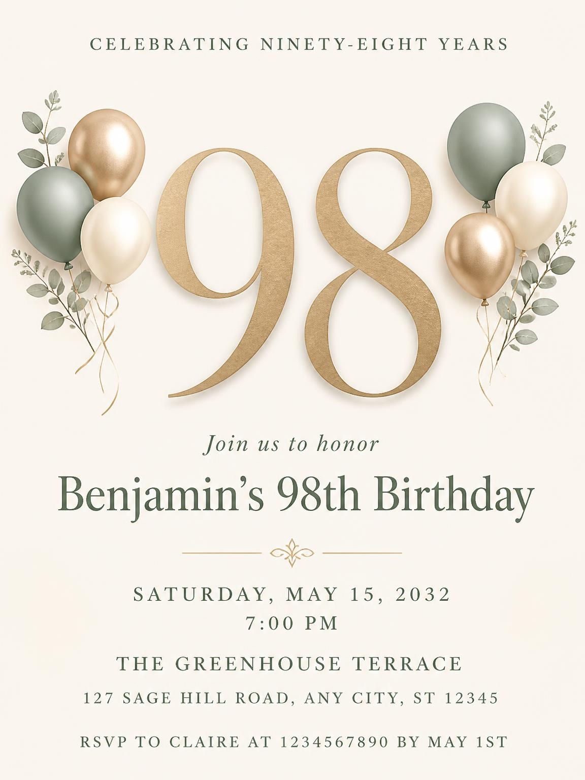 Sage and Ivory 98th Birthday Invitation