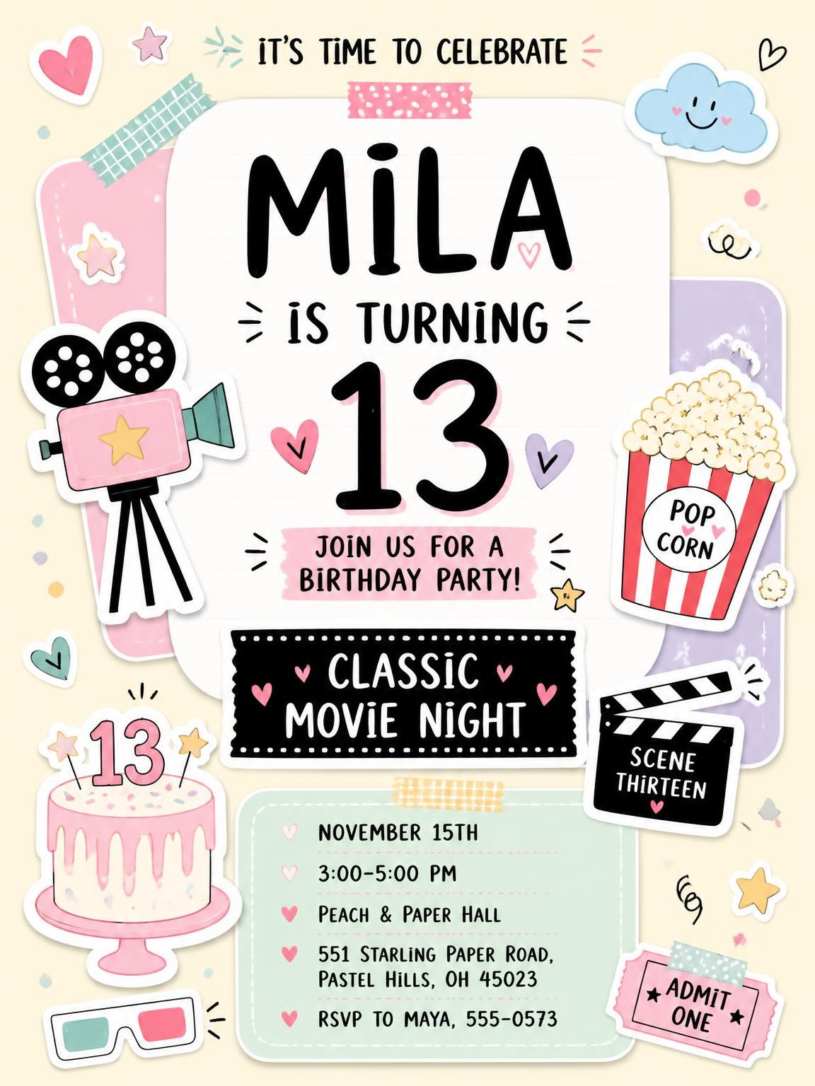 Movie Camera Pastel 13th Birthday Invitation