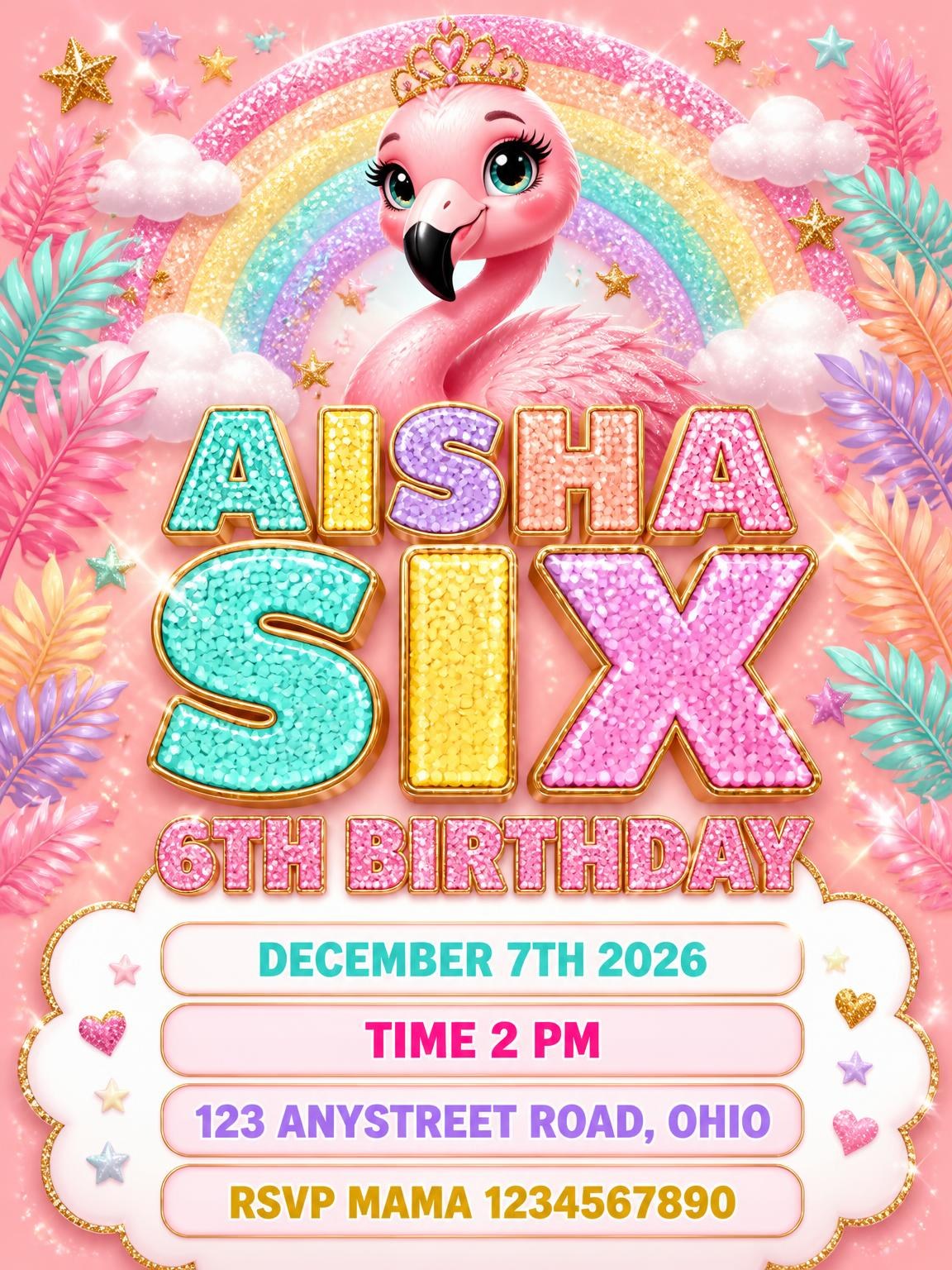 Glitter Flamingo 6th Birthday Invitation