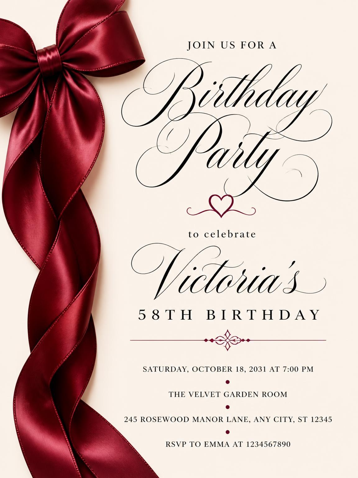 Burgundy Satin Bow 58th Birthday Invitation