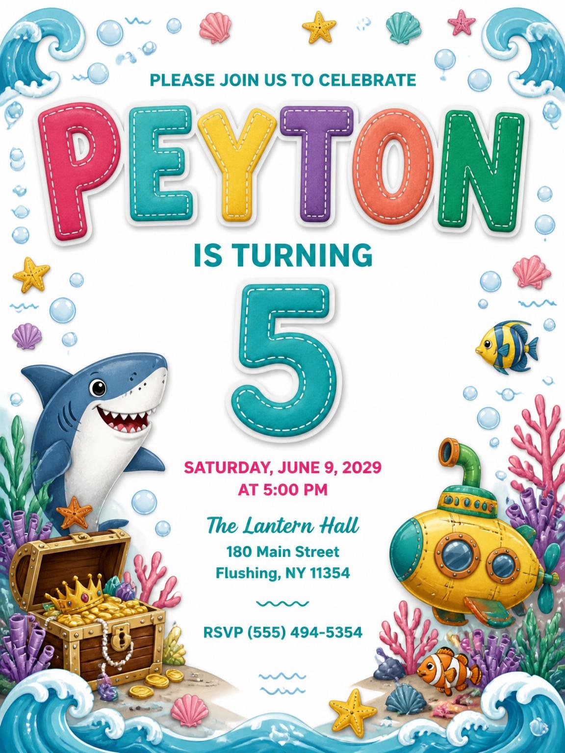 Stitched Shark 5th Birthday Invitation