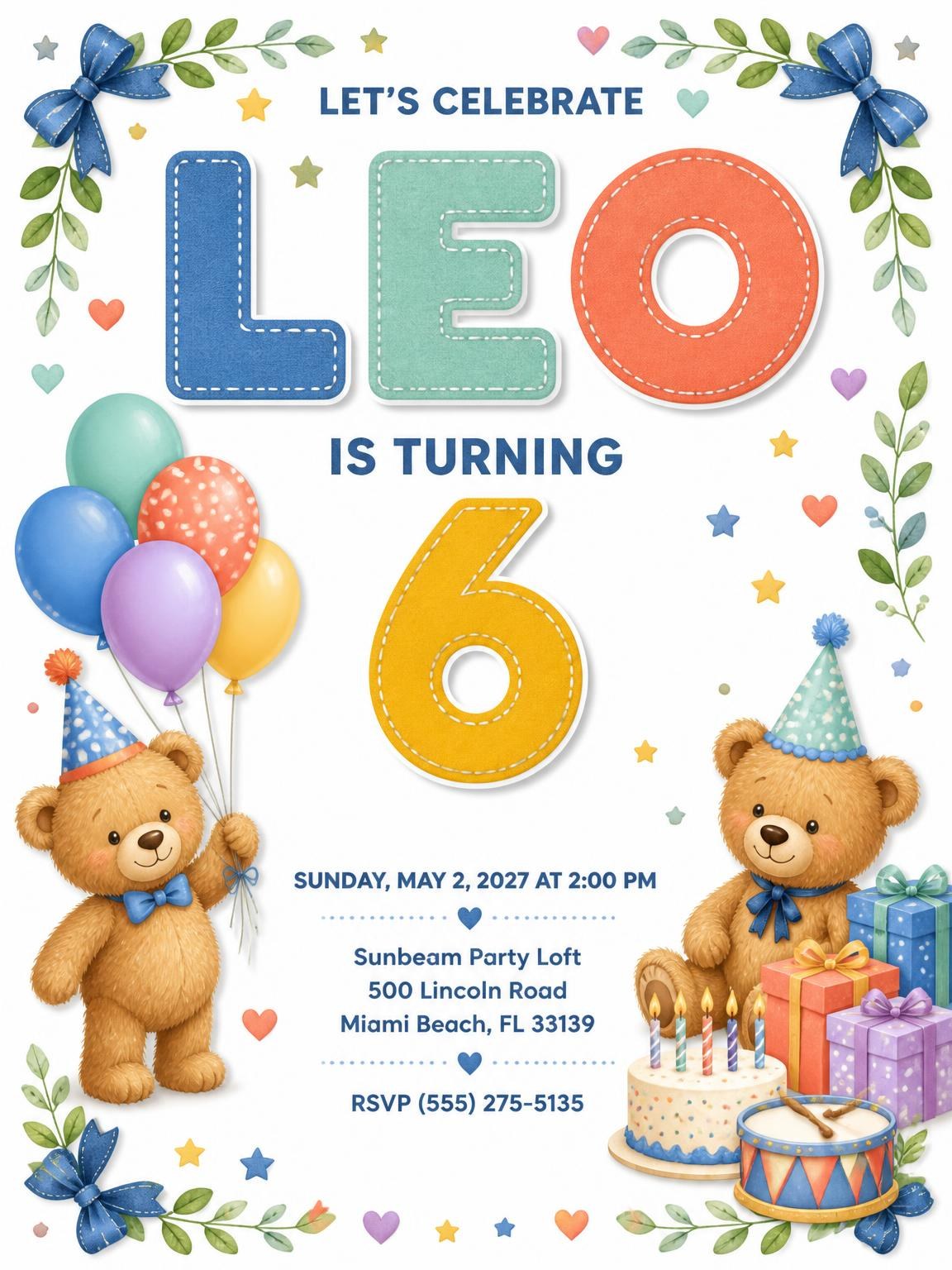 Stitched Teddy Bear 6th Birthday Invitation