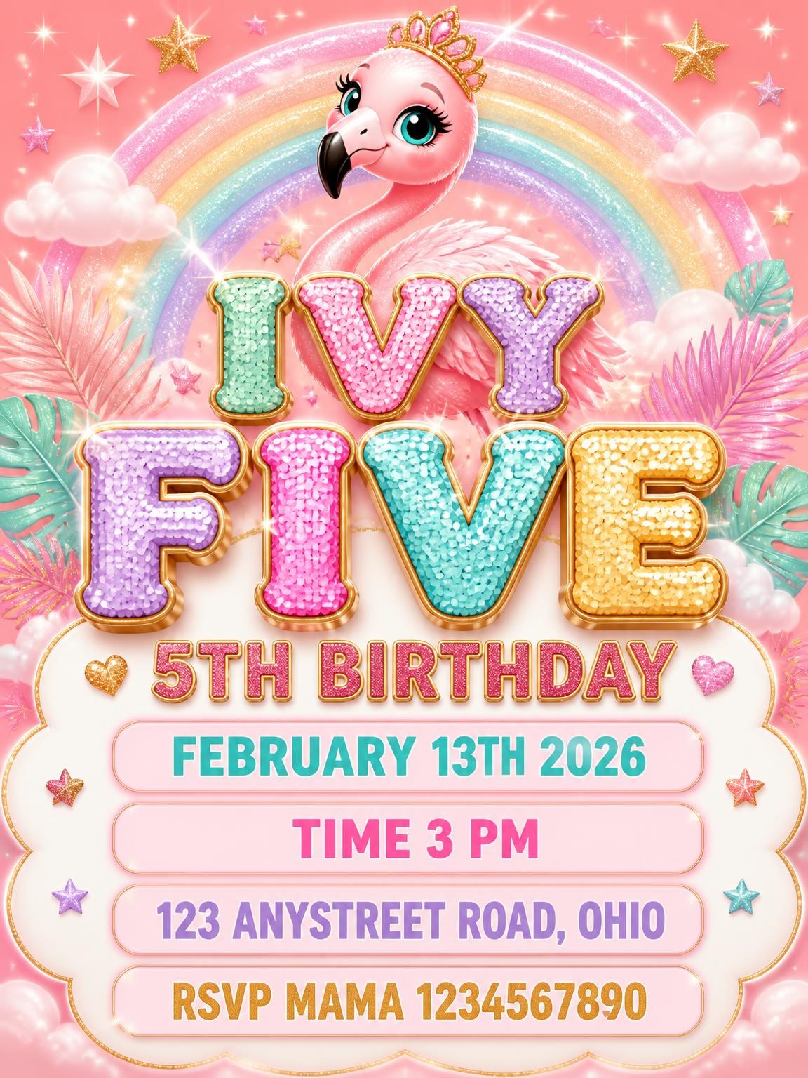 Glitter Flamingo 5th Birthday Invitation