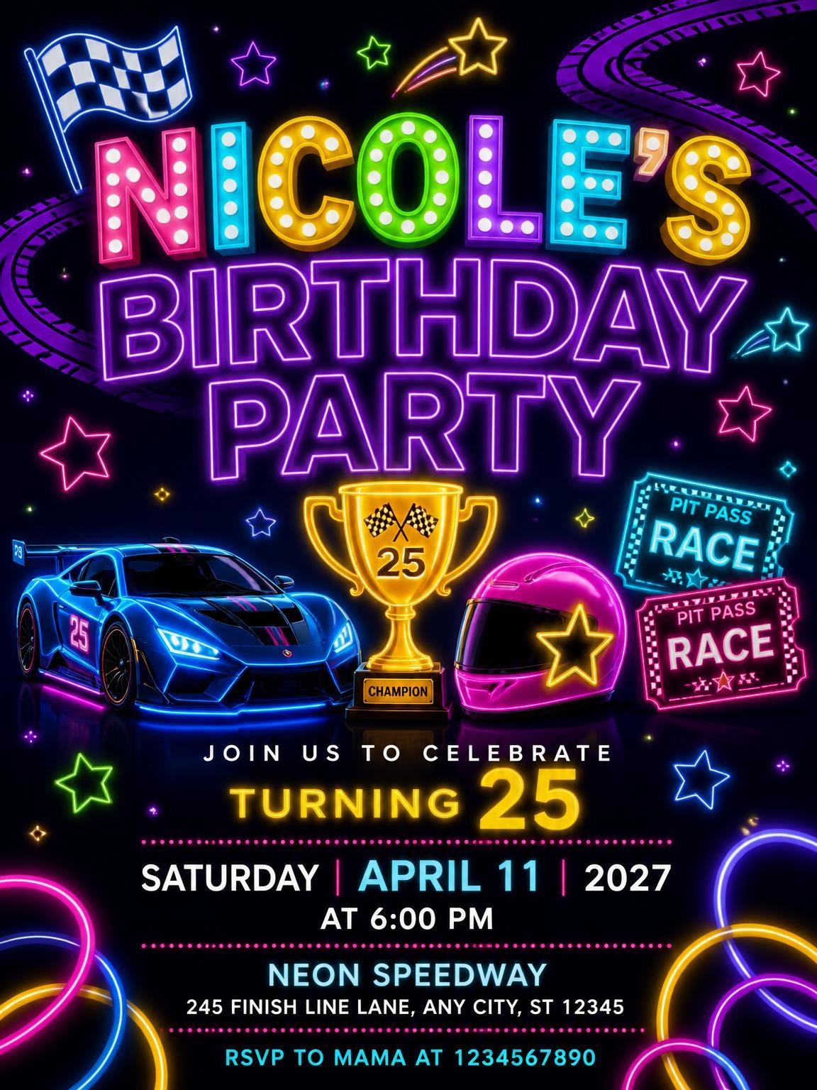 Neon Race Cars 25th Birthday Invitation