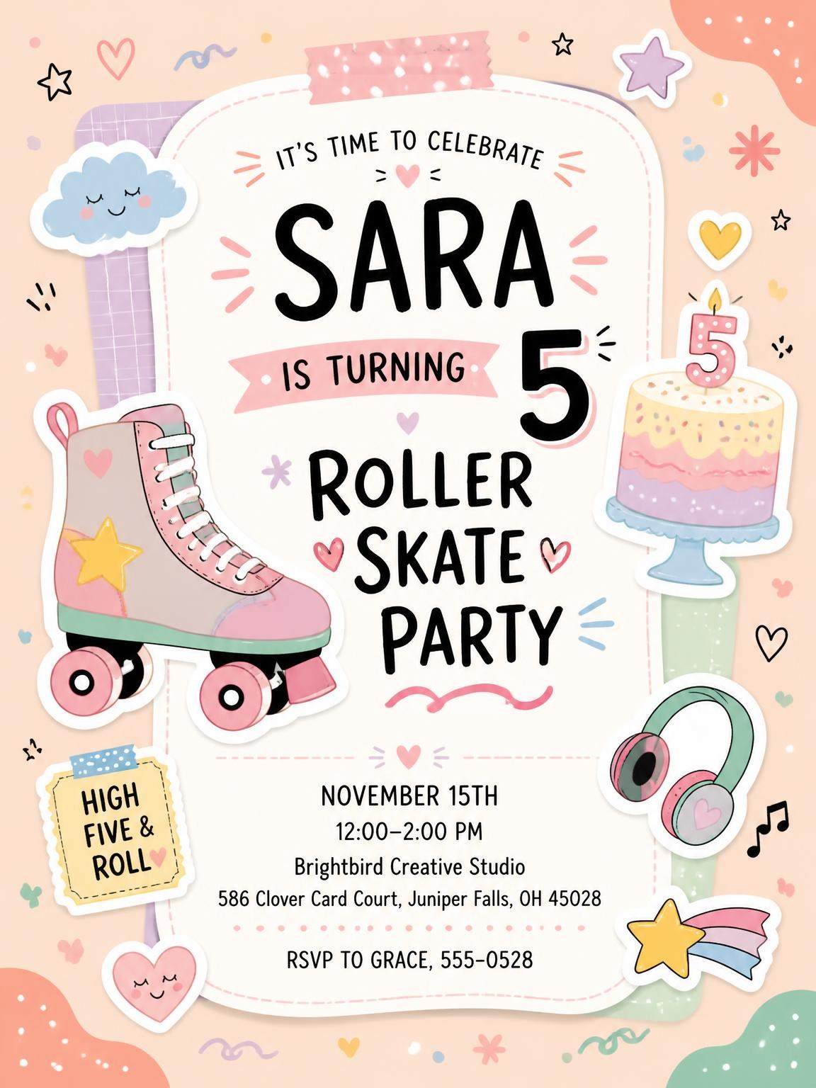 Roller Skate Pastel 5th Birthday Invitation