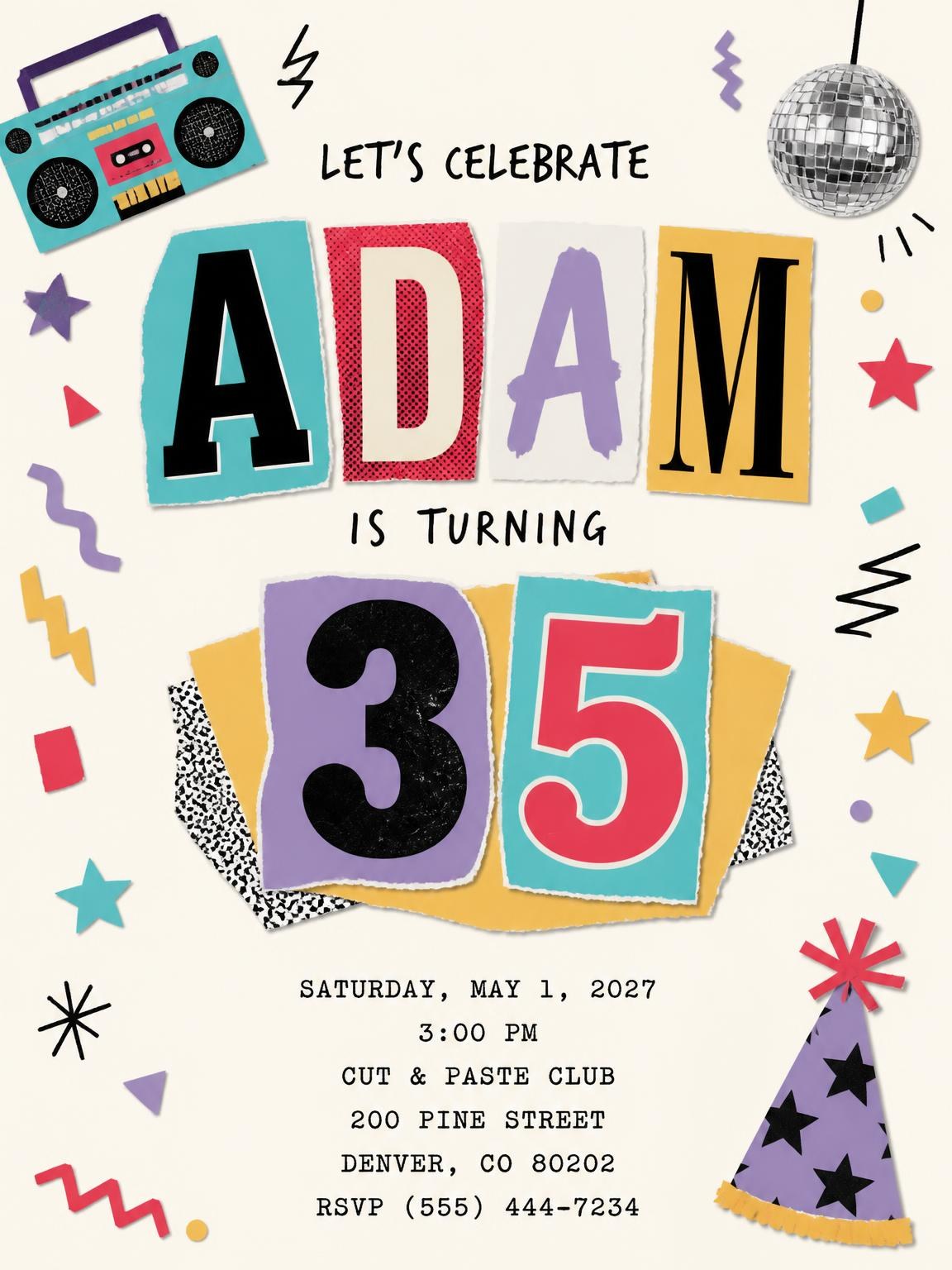 Retro Paper Collage 35th Birthday Invitation