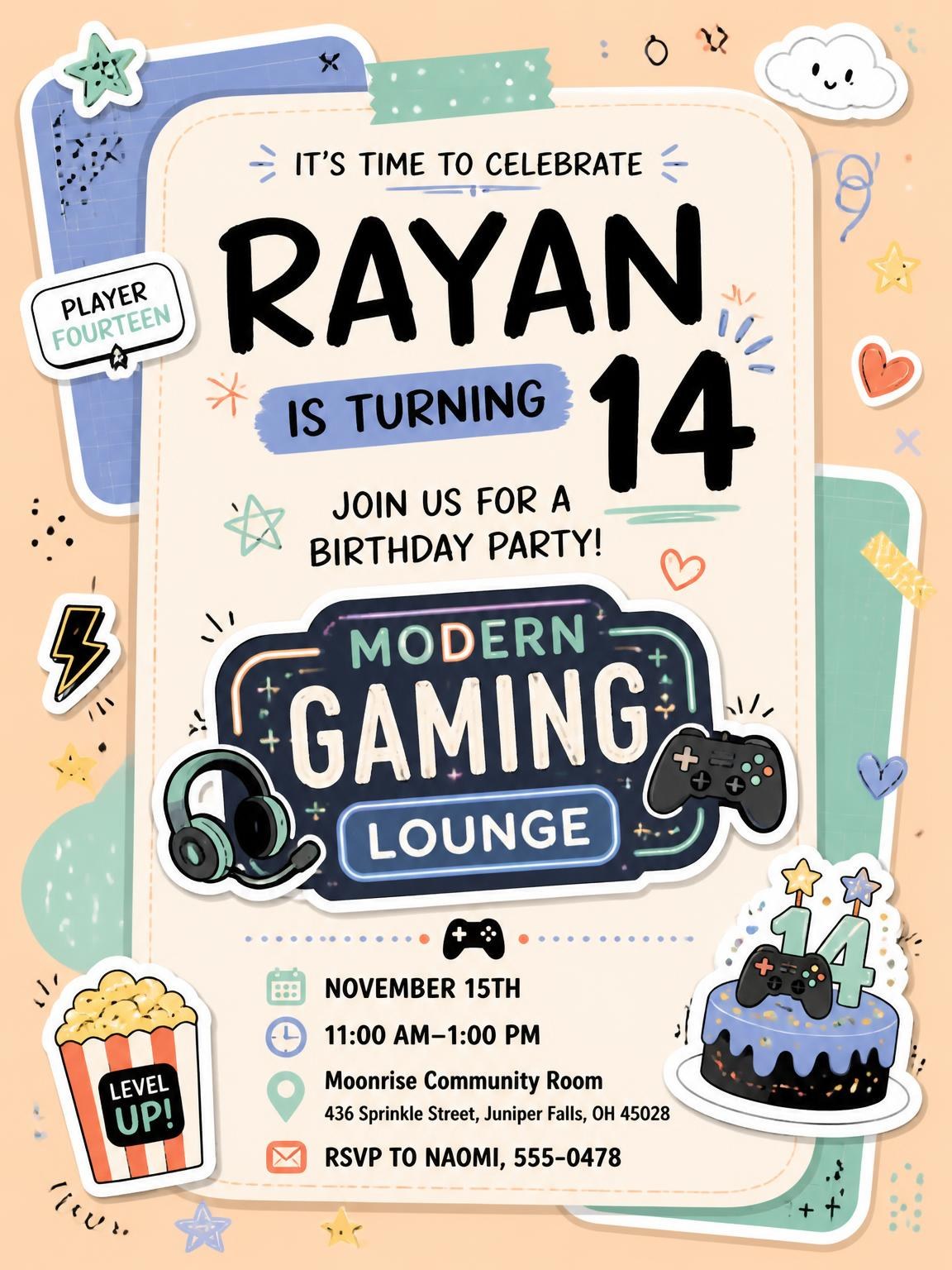 Gaming Headset Pastel 14th Birthday Invitation