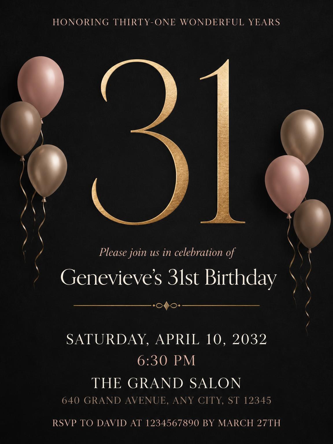 Charcoal and Blush 31st Birthday Invitation
