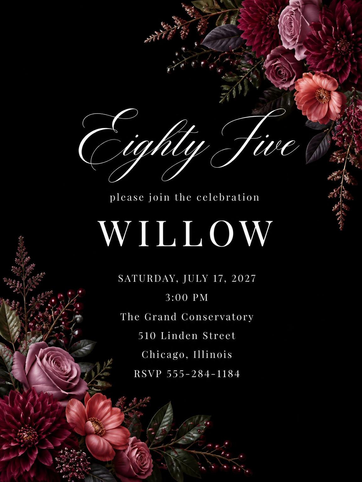 Black Floral 85th Birthday Invitation