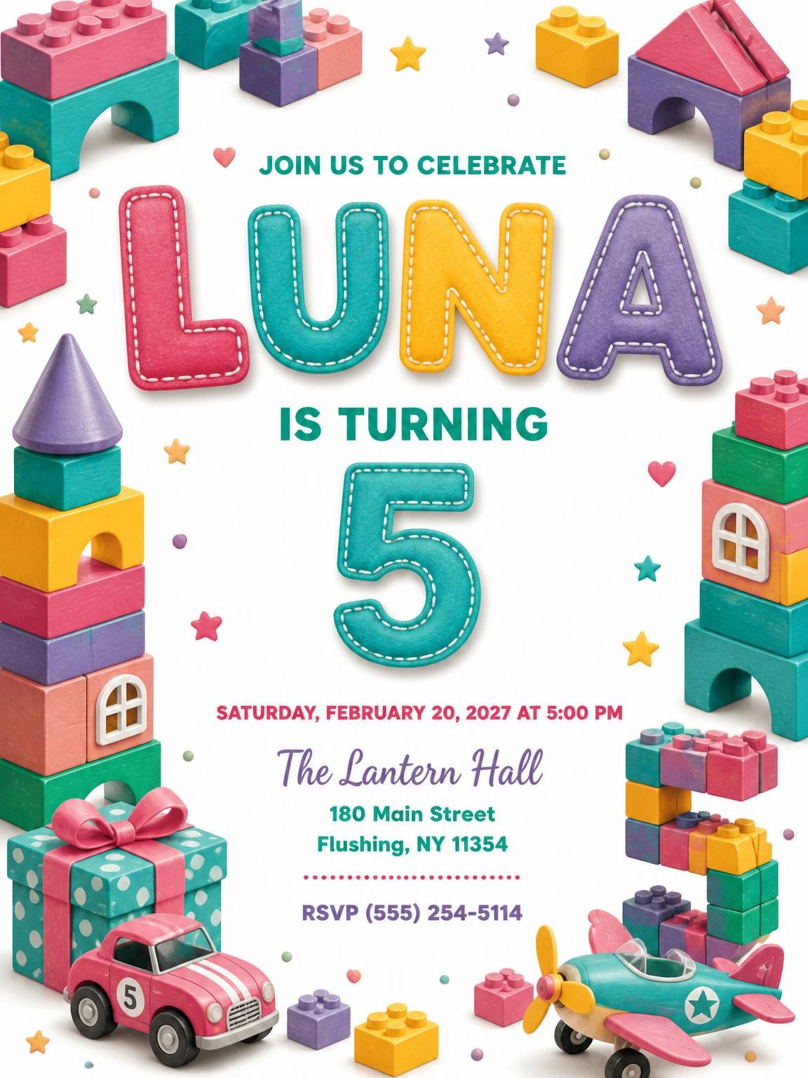 Stitched Toy Blocks 5th Birthday Invitation