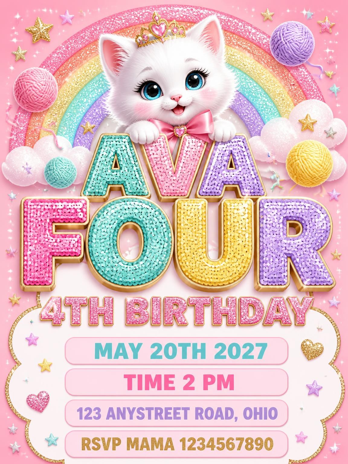 Glitter Kitty Cat 4th Birthday Invitation