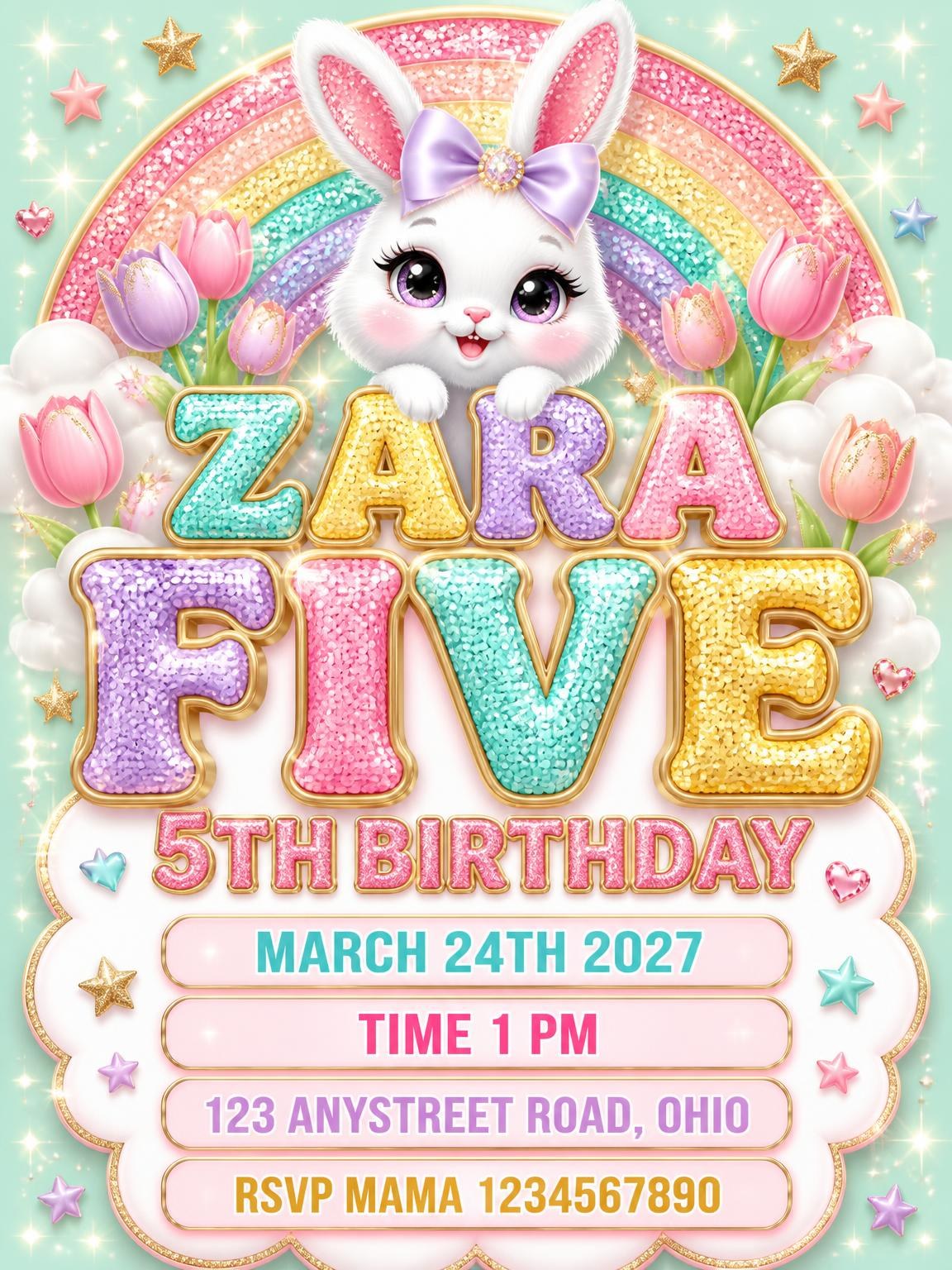 Glitter Sparkle Bunny 5th Birthday Invitation