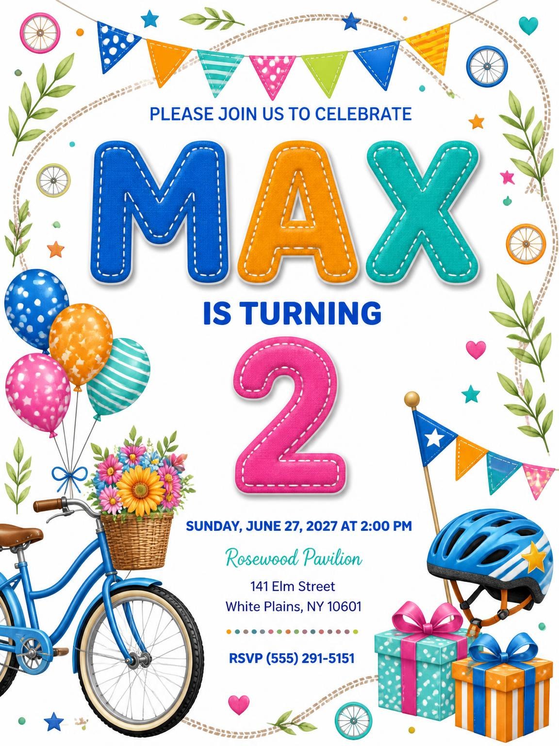 Stitched Bike Ride 2nd Birthday Invitation