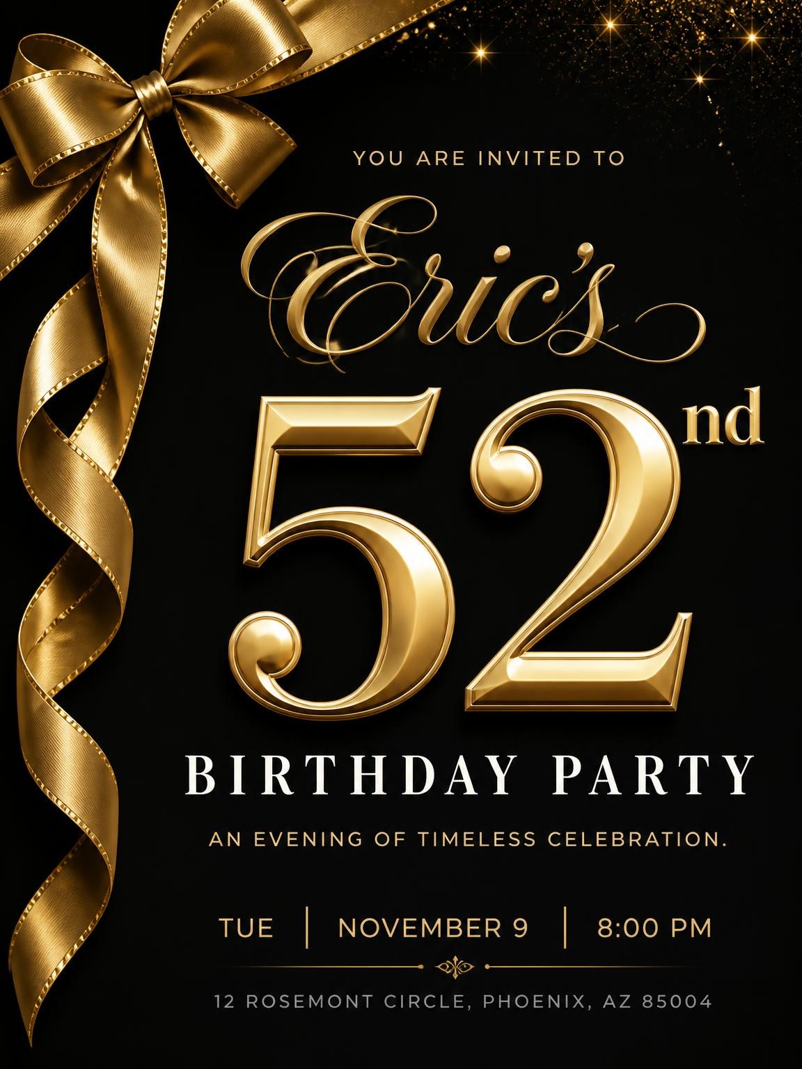 Black and Gold Ribbon 52nd Birthday