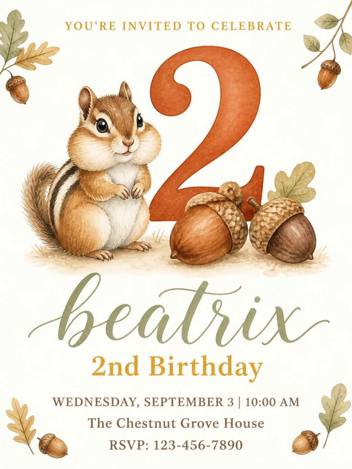 Watercolor Chipmunk Autumn 2nd Birthday
