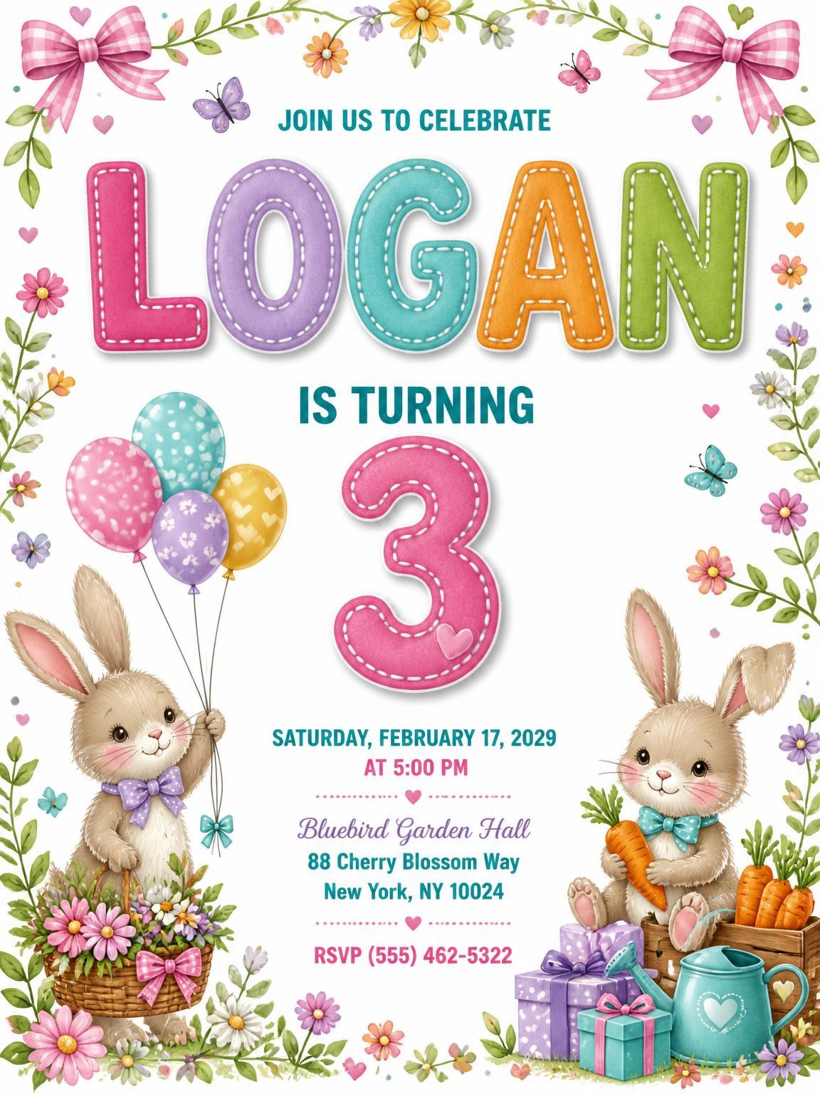 Stitched Bunny Garden 3rd Birthday Invitation