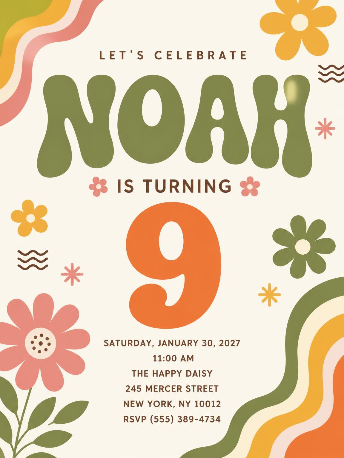 Groovy Retro 9th Birthday Invitation