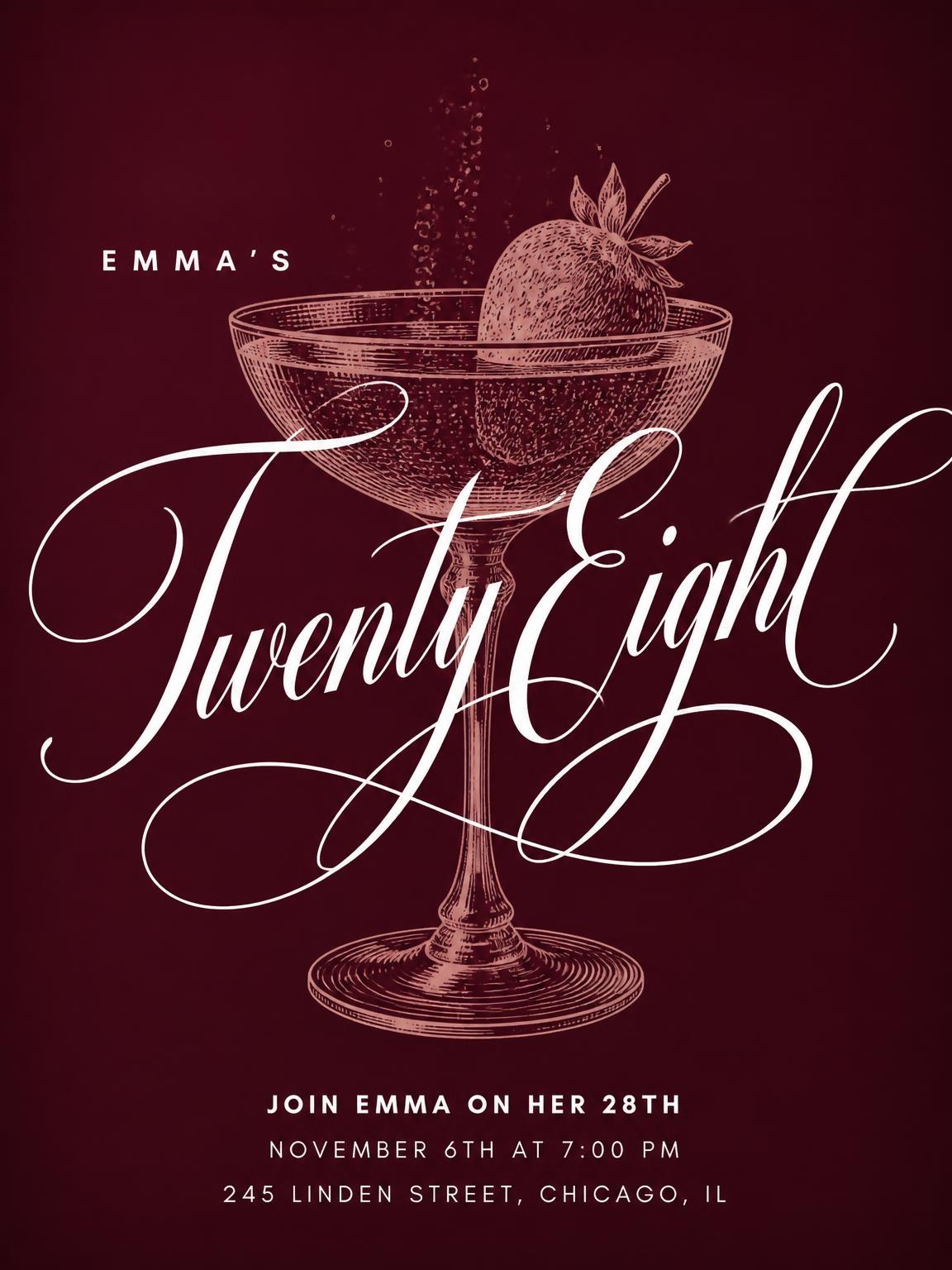 Burgundy Cocktail 28th Birthday Invitation