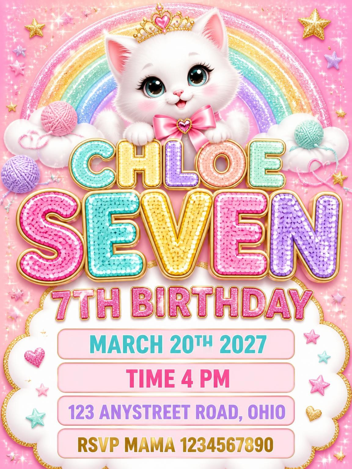 Glitter Kitty Cat 7th Birthday Invitation