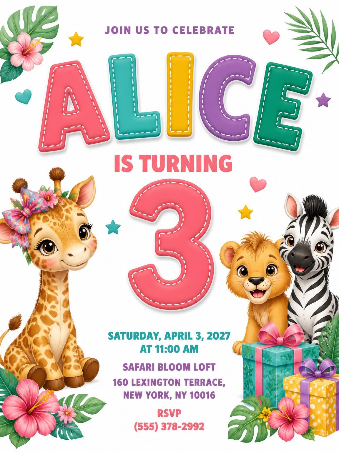 Baby Zebra Stitched 3rd Birthday Invitation