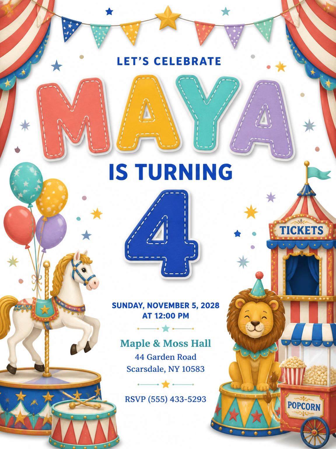 Stitched Circus 4th Birthday Invitation