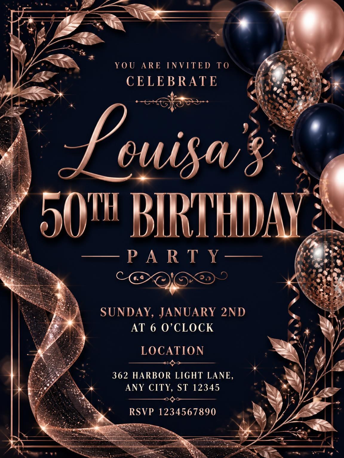 Navy and Rose Gold 50th Birthday Invitation
