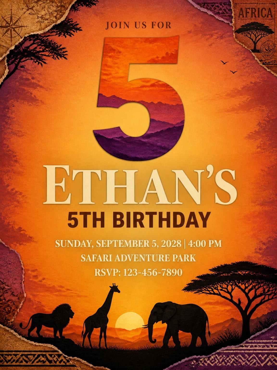 Orange Sunset Safari 5th Birthday Invitation