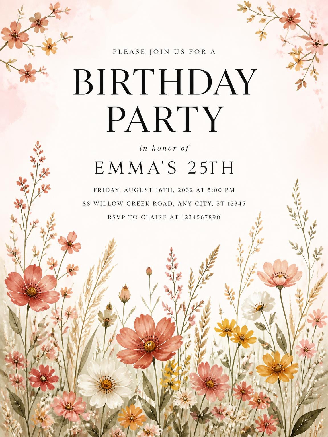 Wildflower Garden 25th Birthday Invitation