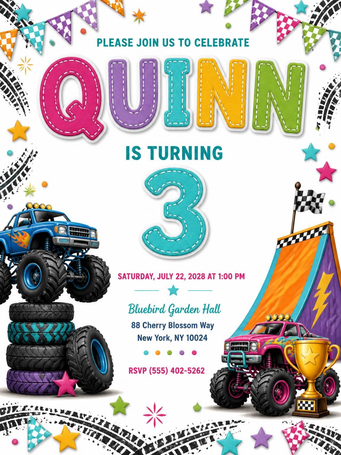 Stitched Monster Truck 3rd Birthday Invitation