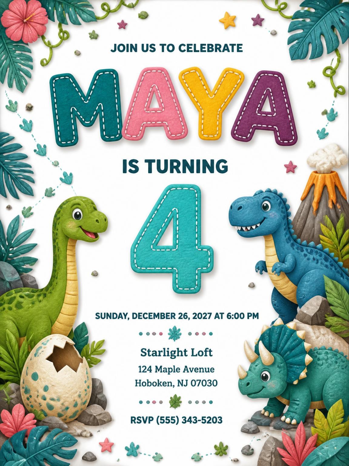 Stitched Dinosaur 4th Birthday Invitation