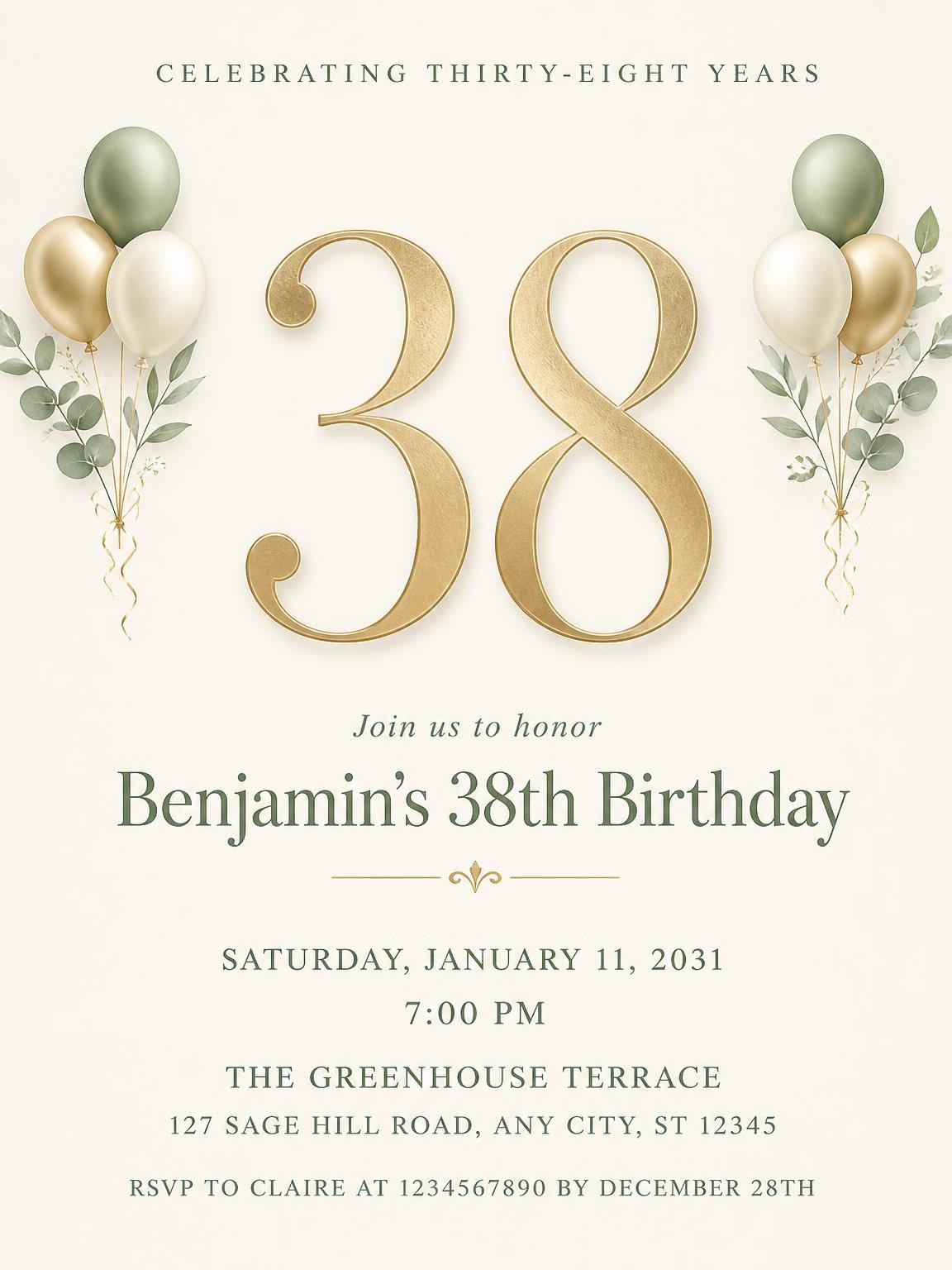 Sage and Ivory 38th Birthday Invitation