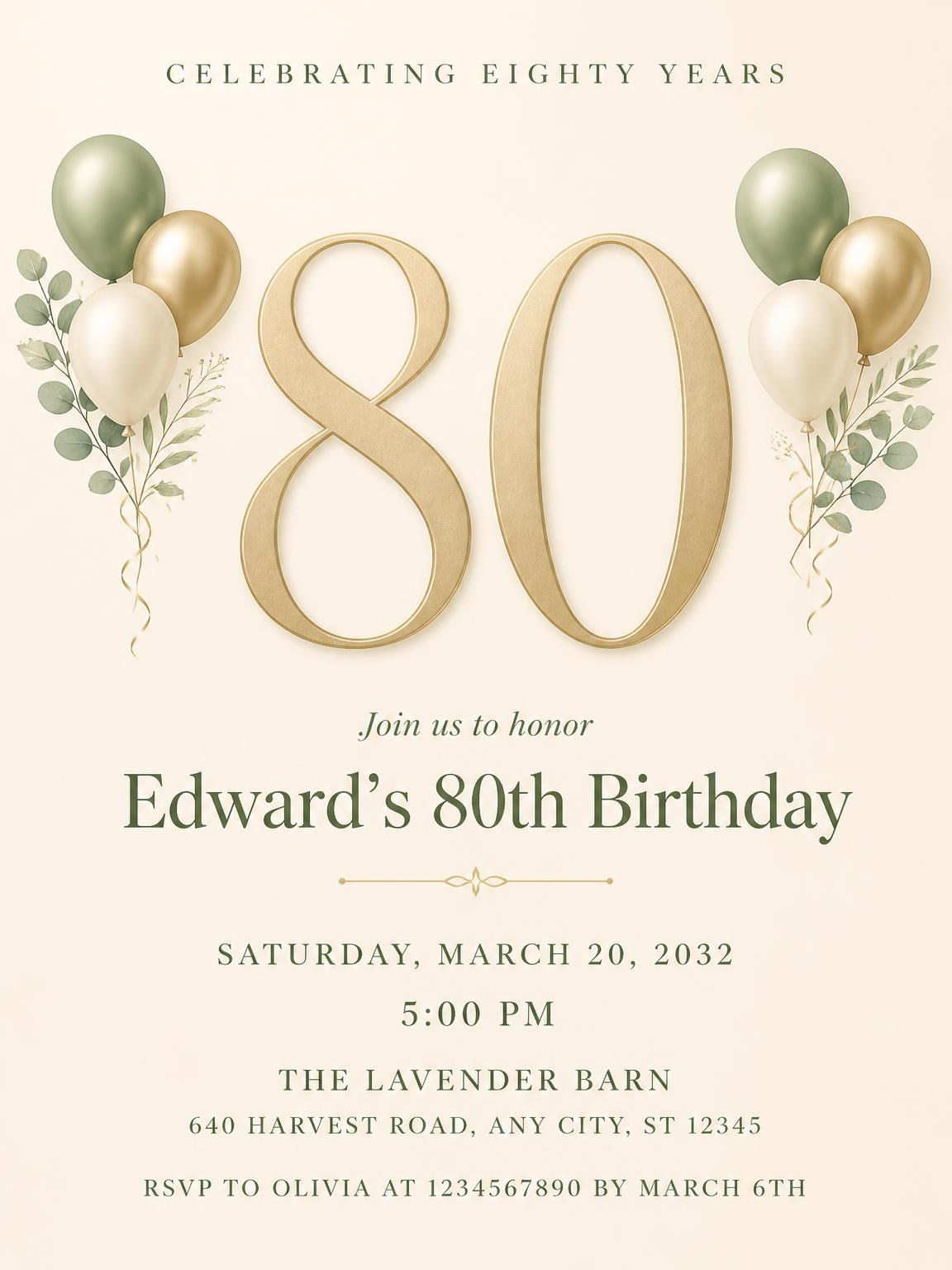 Sage and Ivory 80th Birthday Invitation