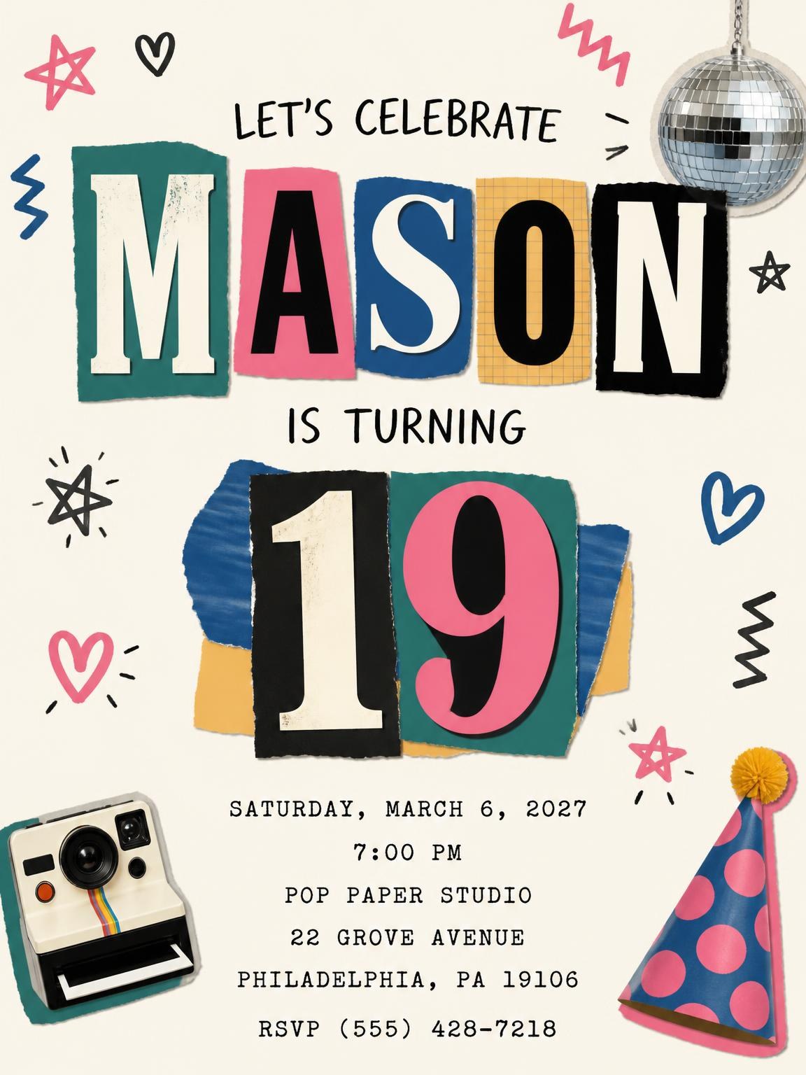 Retro Paper Collage 19th Birthday Invitation