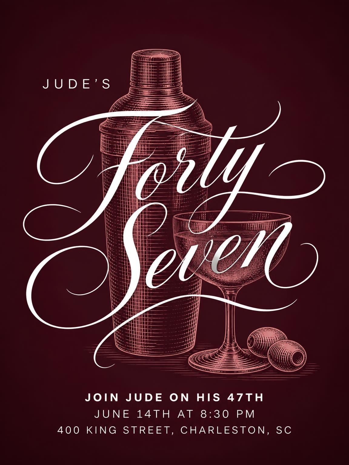 Burgundy Cocktail 47th Birthday Invitation