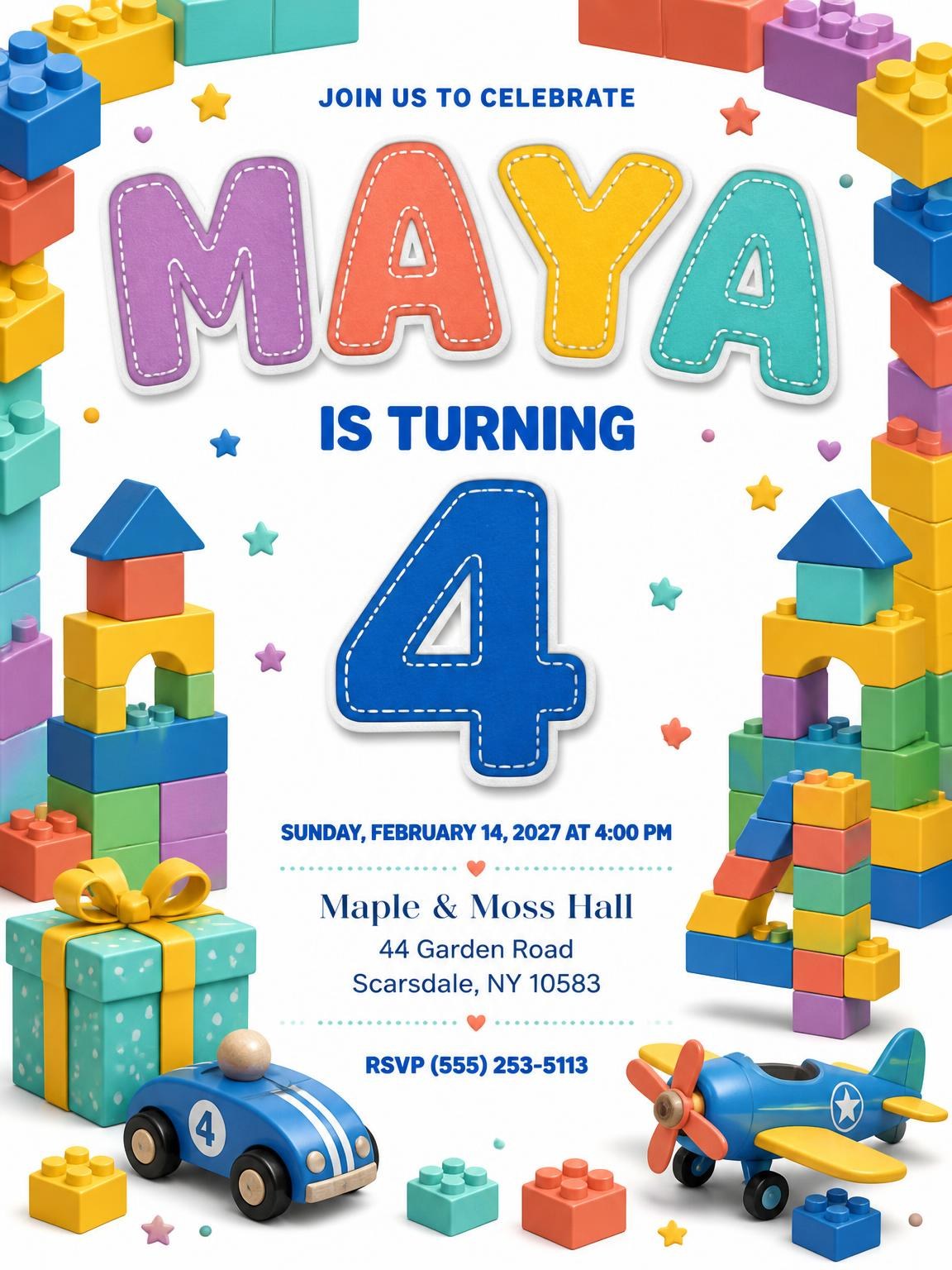 Stitched Toy Blocks 4th Birthday Invitation