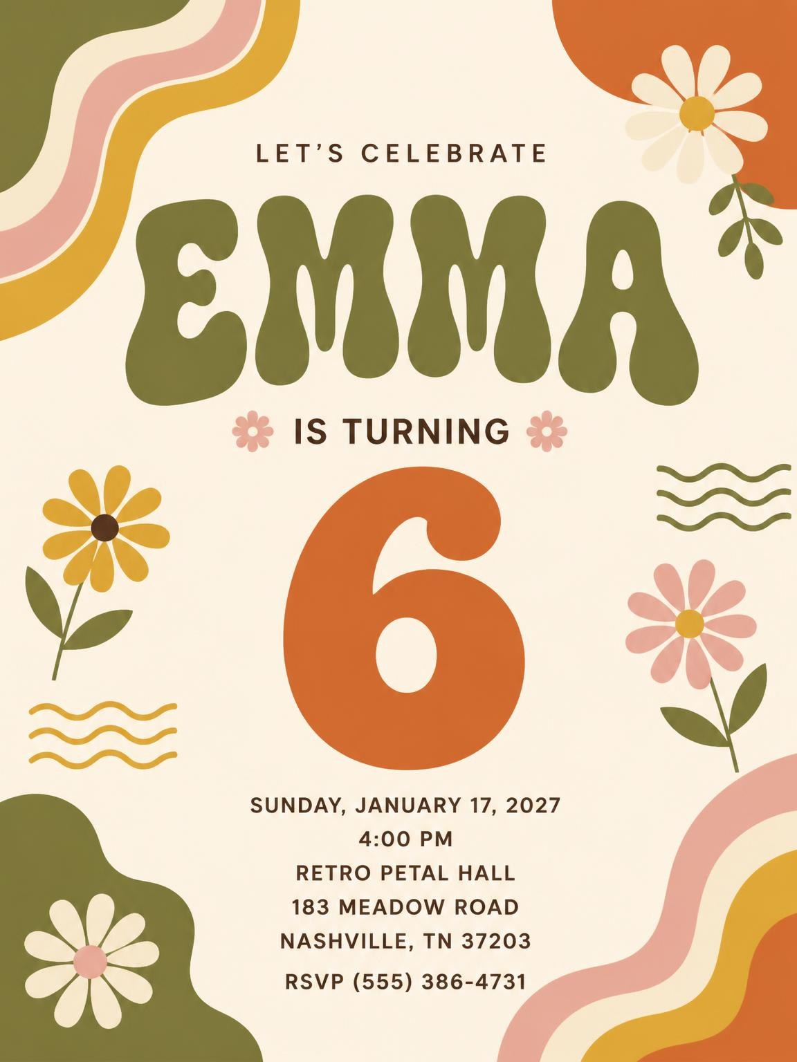 Groovy Retro 6th Birthday Invitation