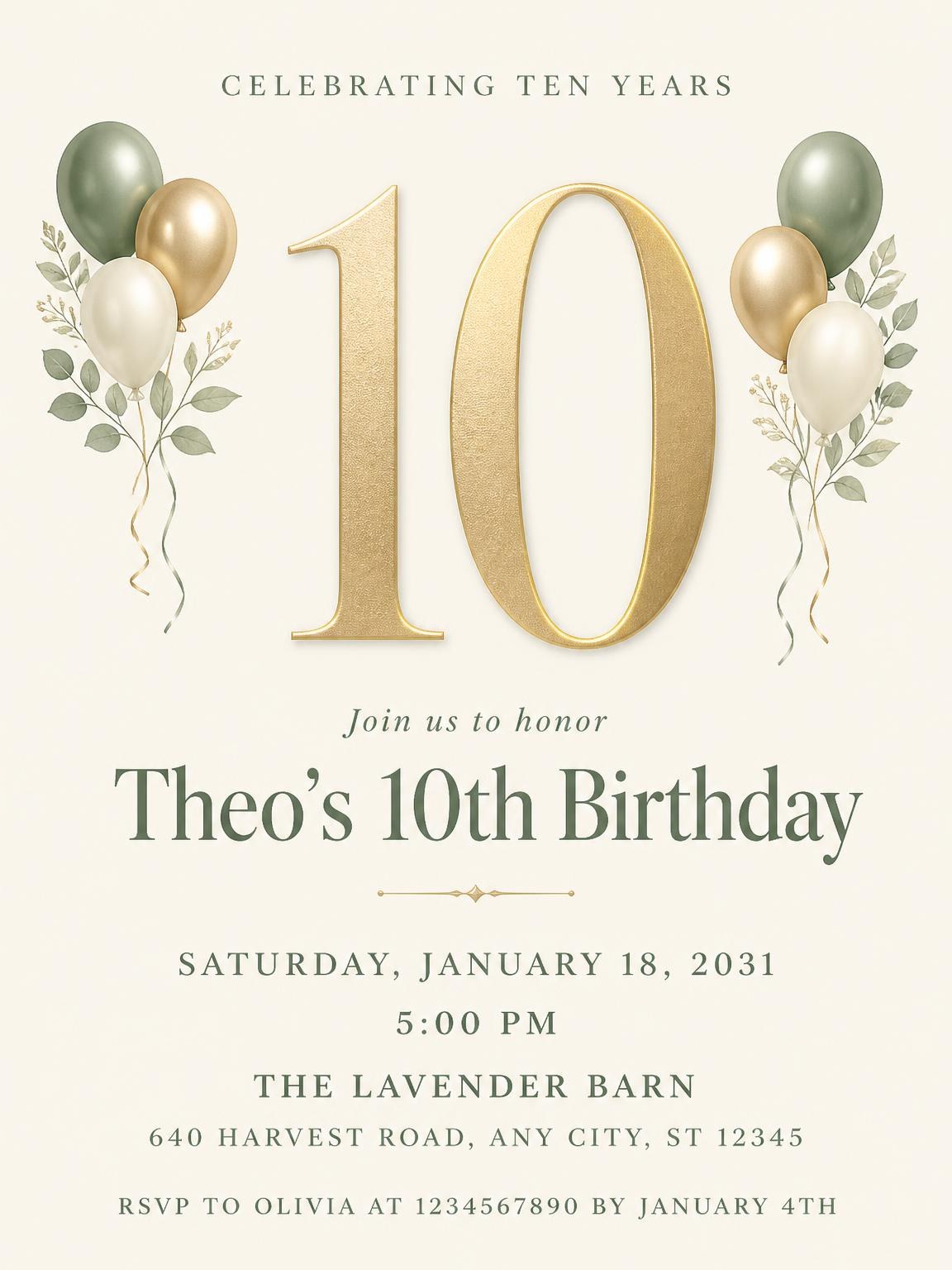 Sage and Ivory 10th Birthday Invitation