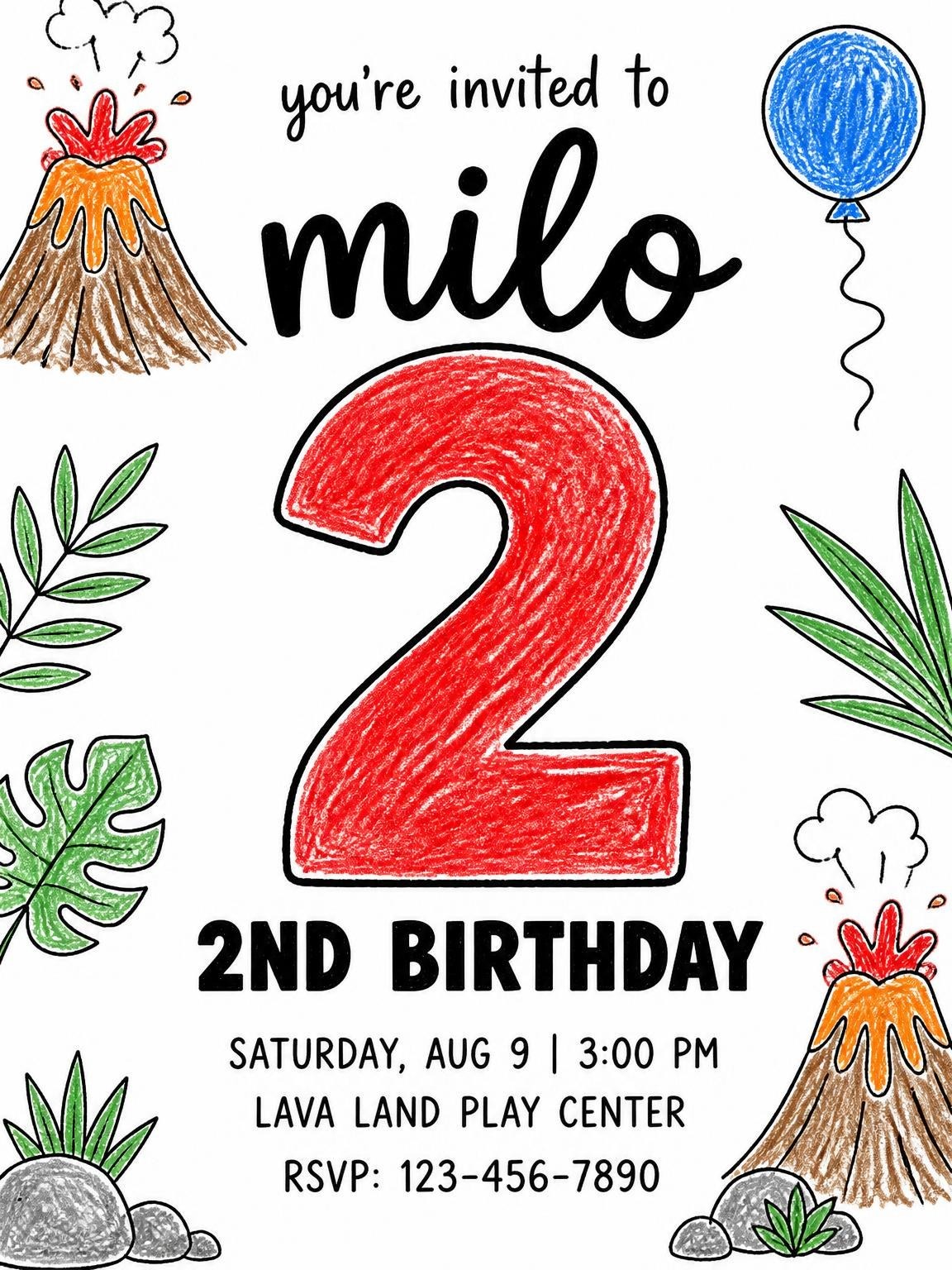 Crayon Volcano Jungle 2nd Birthday Invitation