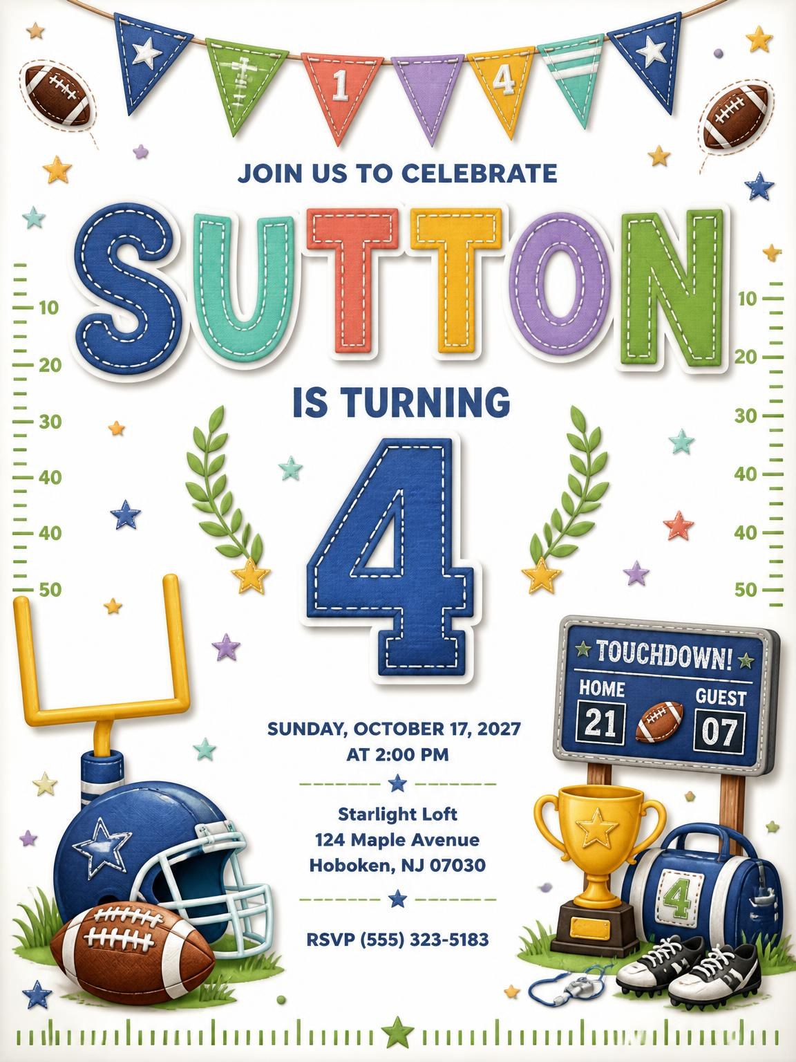 Stitched Football 4th Birthday Invitation