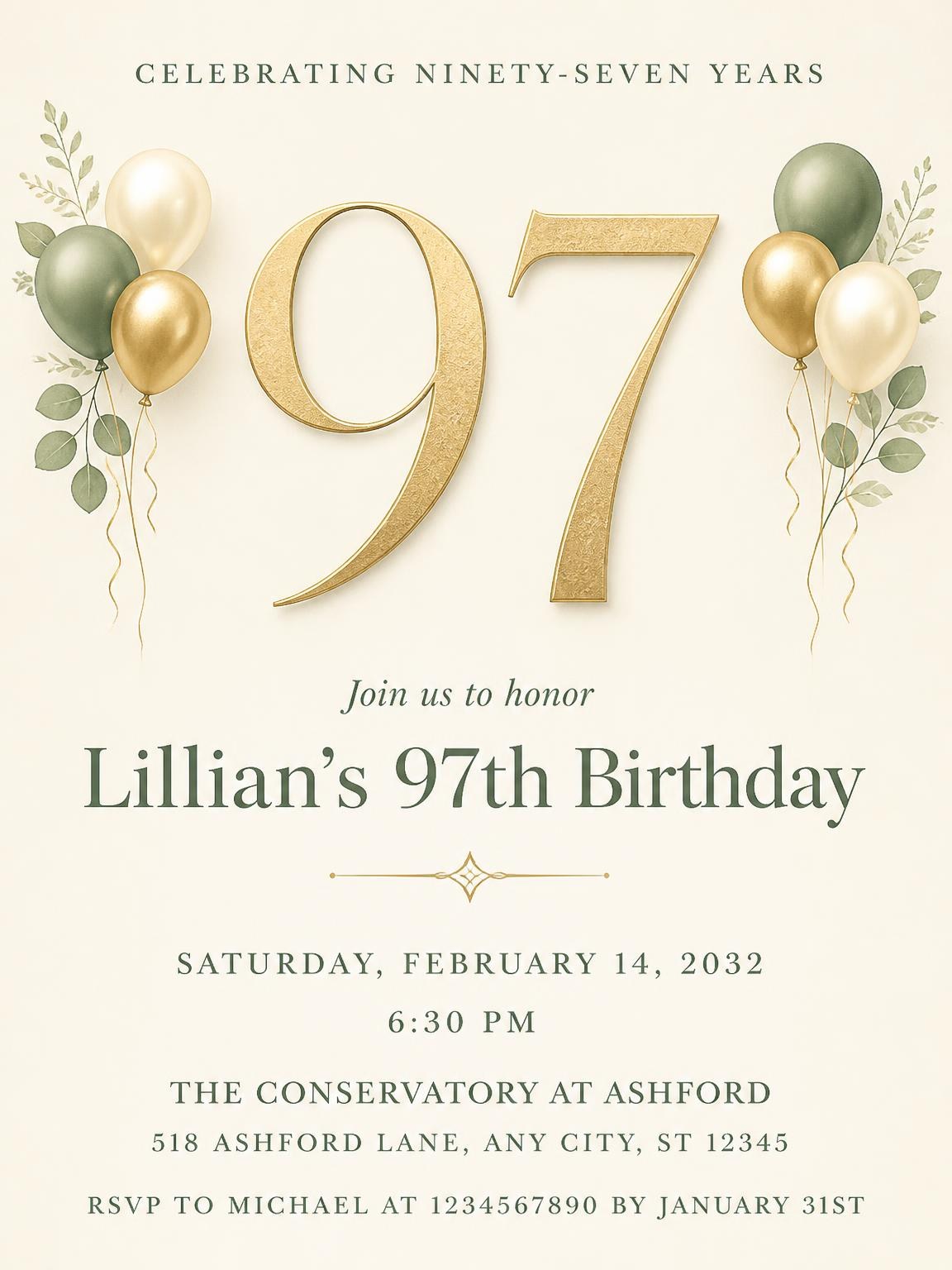 Sage and Ivory 97th Birthday Invitation