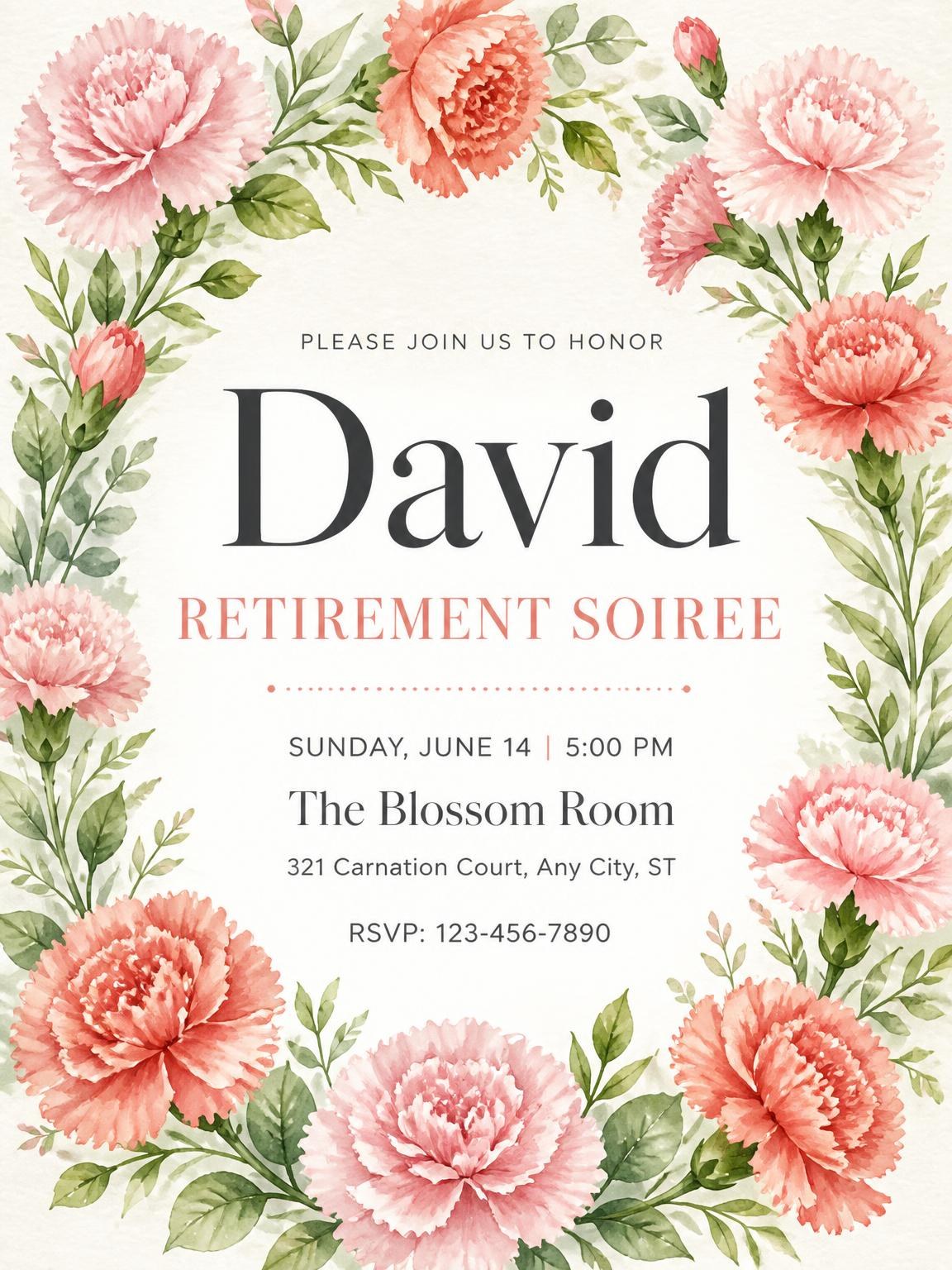 Carnation Garland Retirement Soiree Invitation