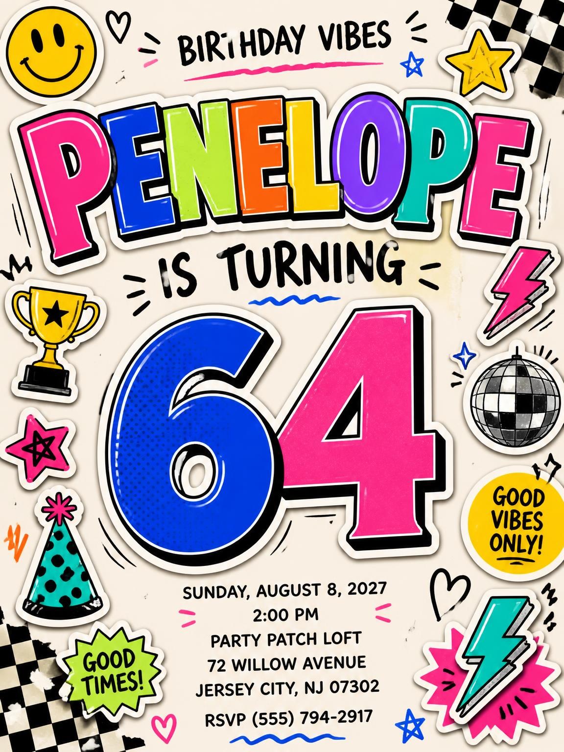 Sticker Pop 64th Birthday Invitation