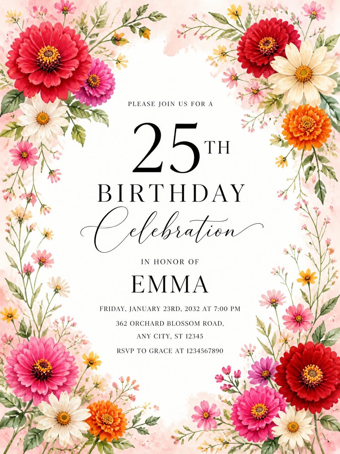 Floral Wreath Scarlet 25th Birthday Invitation