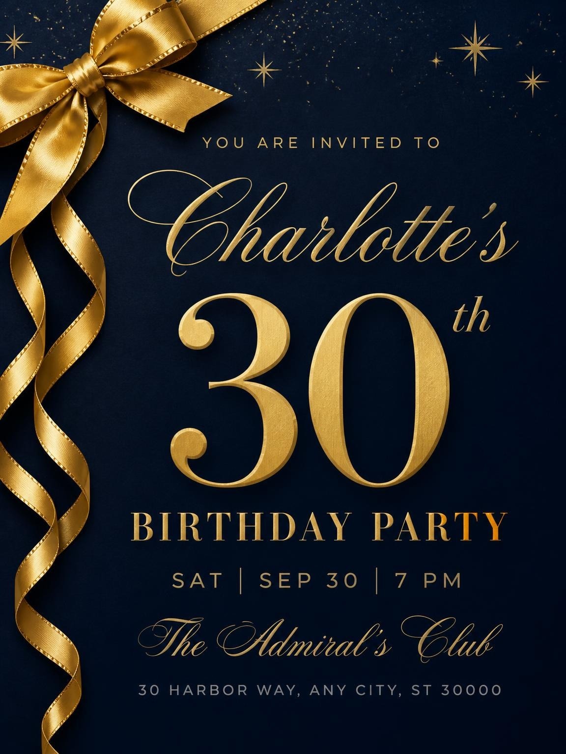 Navy Gold Ribbon 30th Birthday