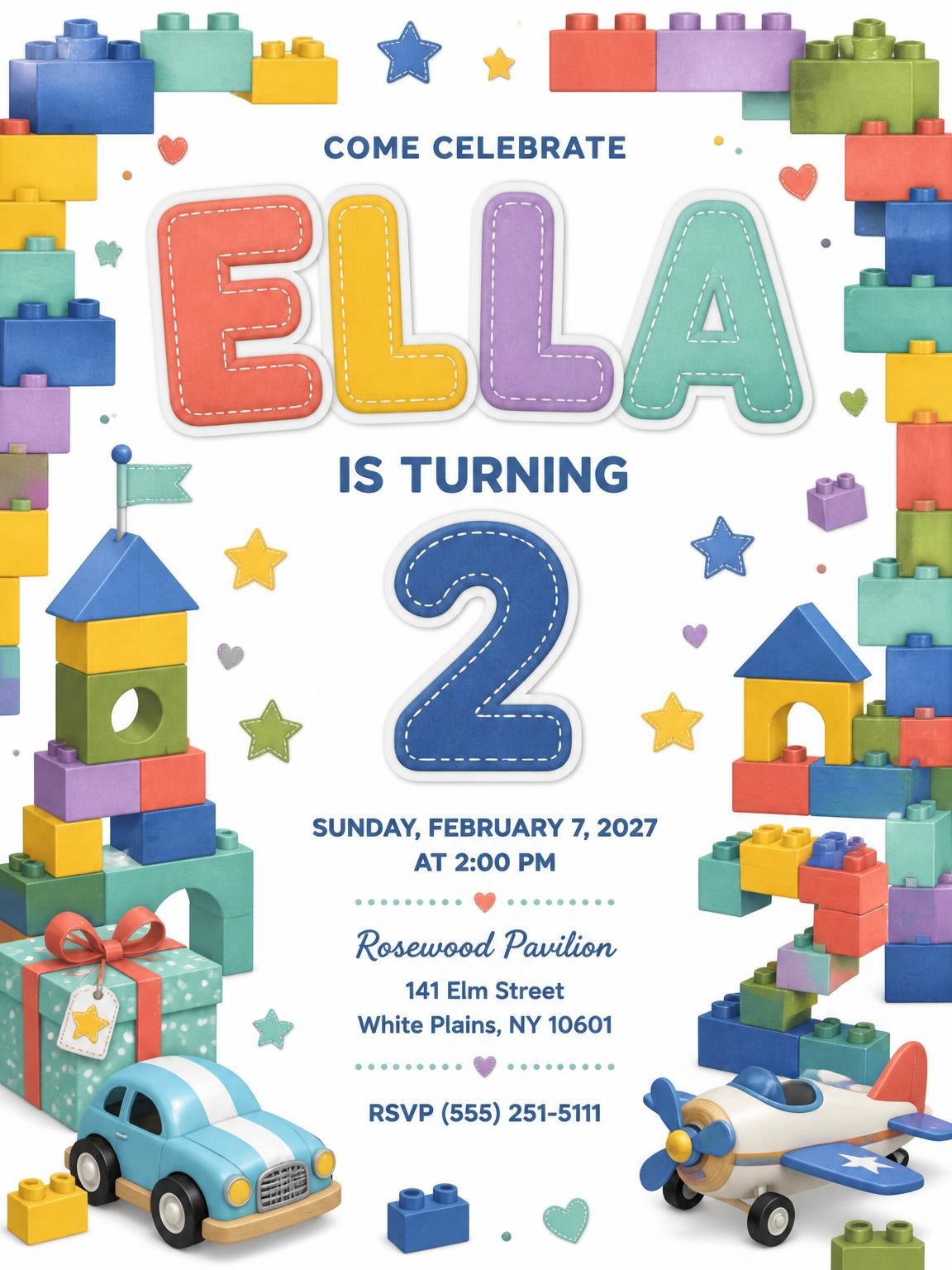 Stitched Toy Blocks 2nd Birthday Invitation