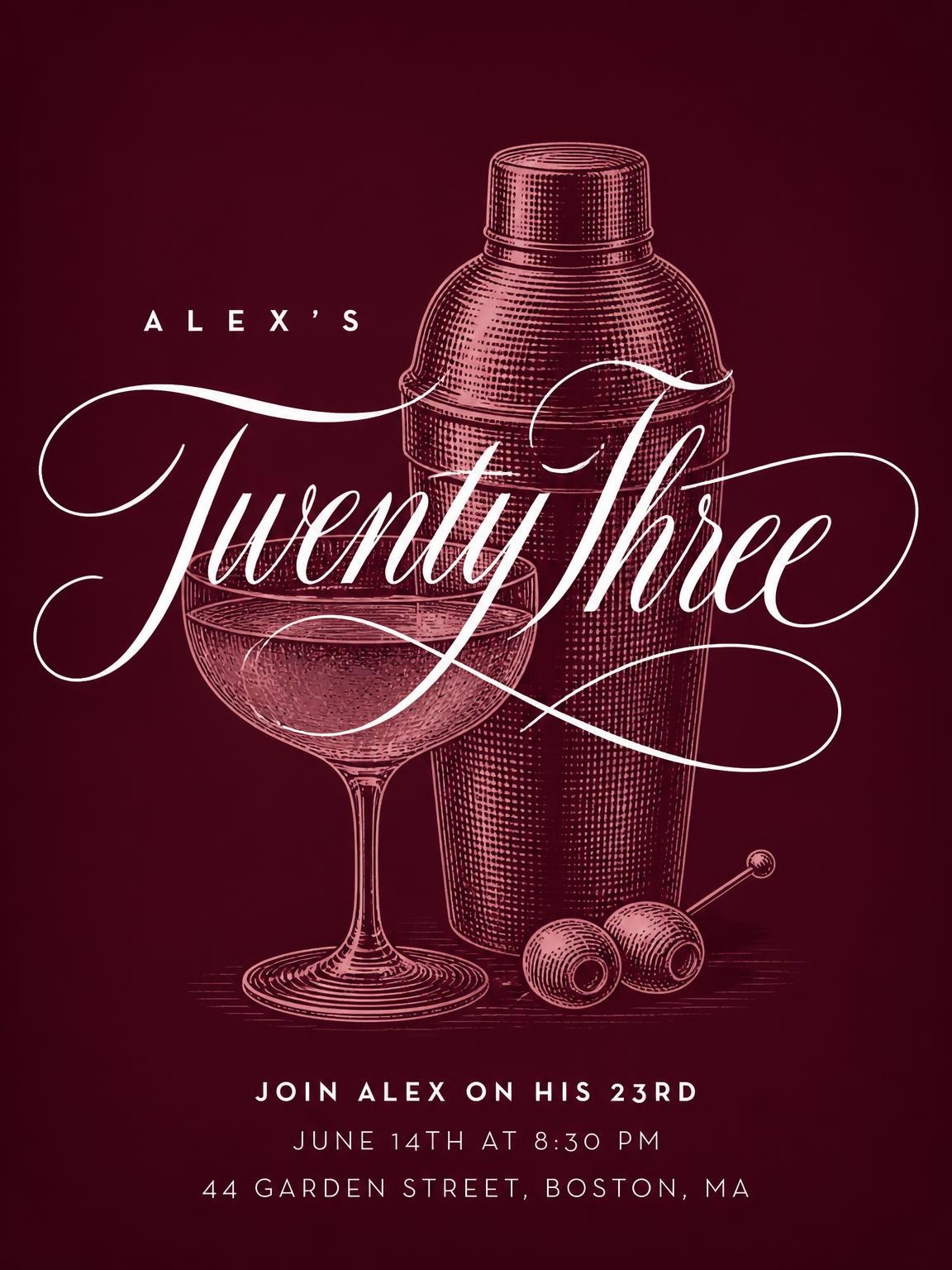 Burgundy Cocktail 23rd Birthday Invitation